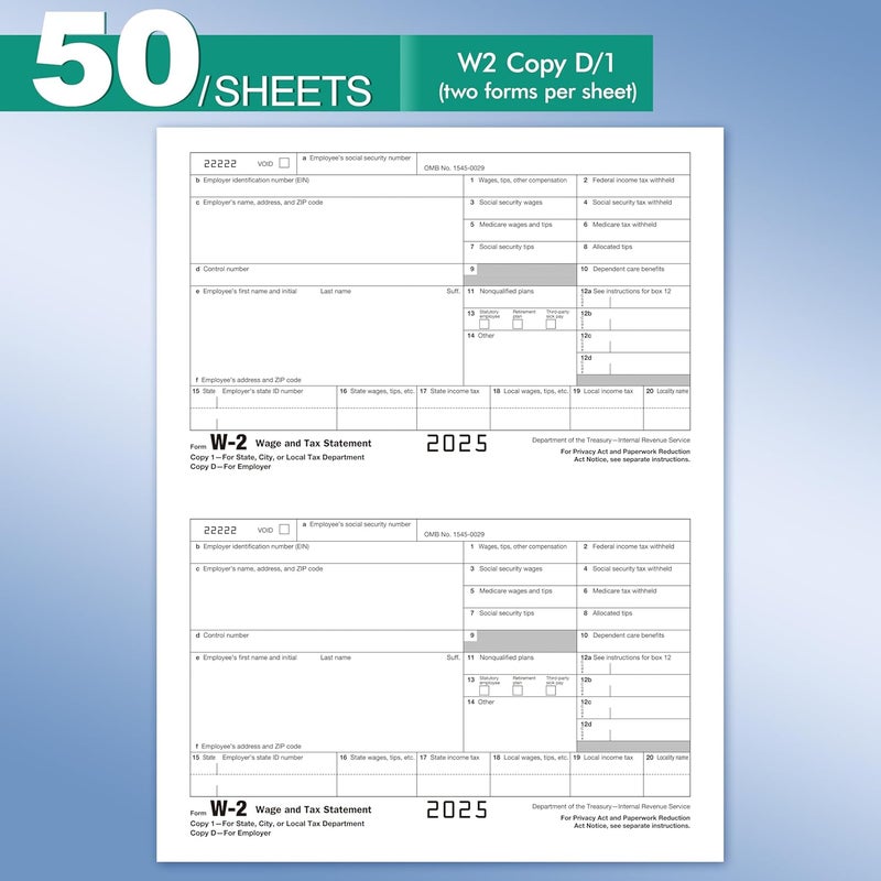 Yeplan W2 Tax Forms 2025 with Envelopes, 6 Part Tax Forms 2025, 50 Employee Kit of Laser Forms with 3 W3, with 50 Self Seal Envelopes - Image 5
